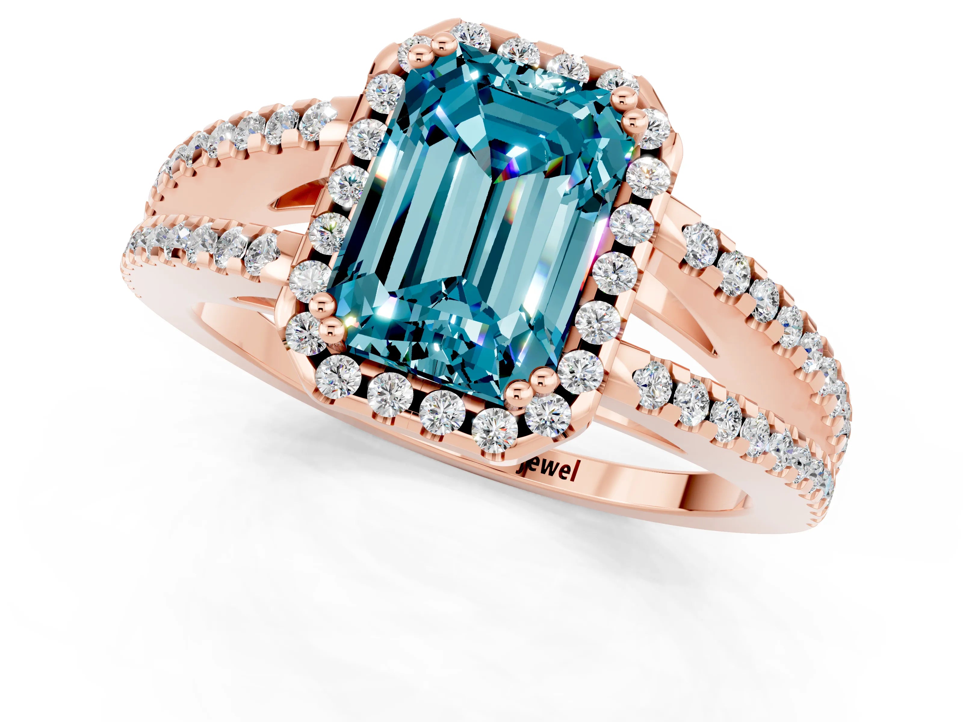 Rose gold Emerald Cut Blue Topaz Halo Split Shank Engagement Ring_13