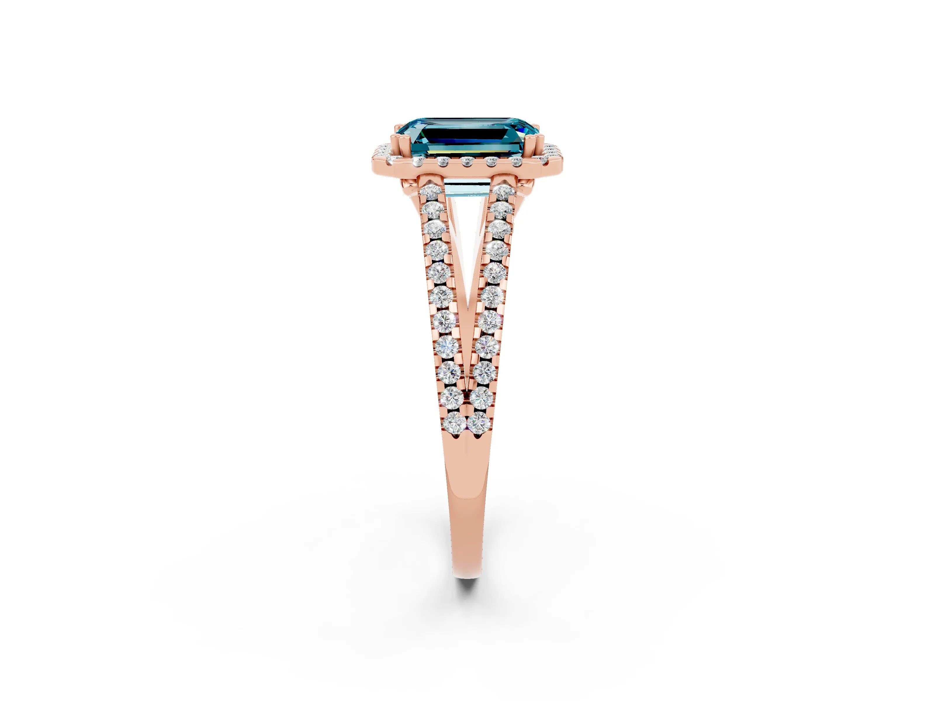 Rose gold Emerald Cut Blue Topaz Halo Split Shank Engagement Ring_14