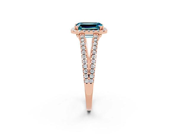 Rose gold Emerald Cut Blue Topaz Halo Split Shank Engagement Ring
