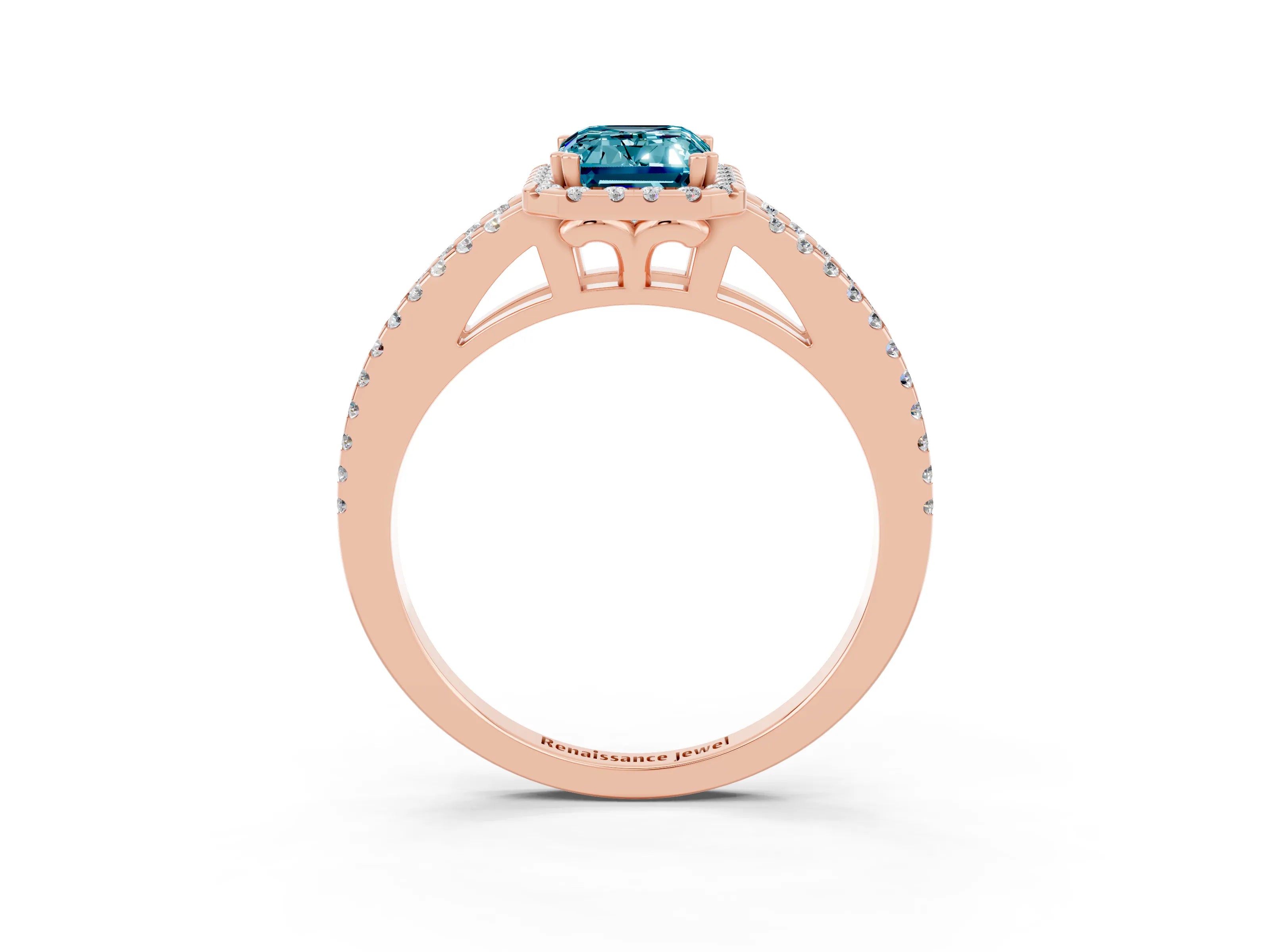 Rose gold Emerald Cut Blue Topaz Halo Split Shank Engagement Ring_15
