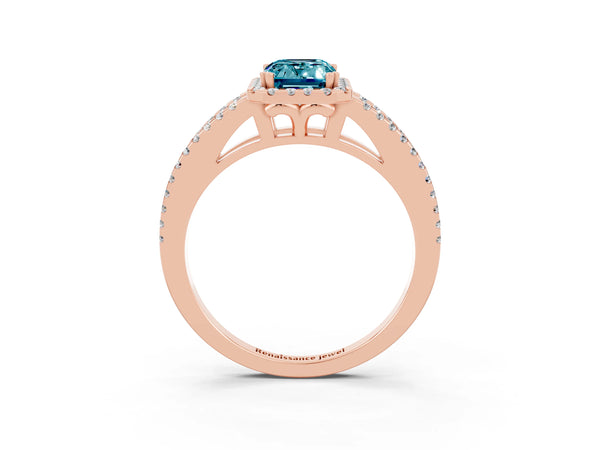 Rose gold Emerald Cut Blue Topaz Halo Split Shank Engagement Ring