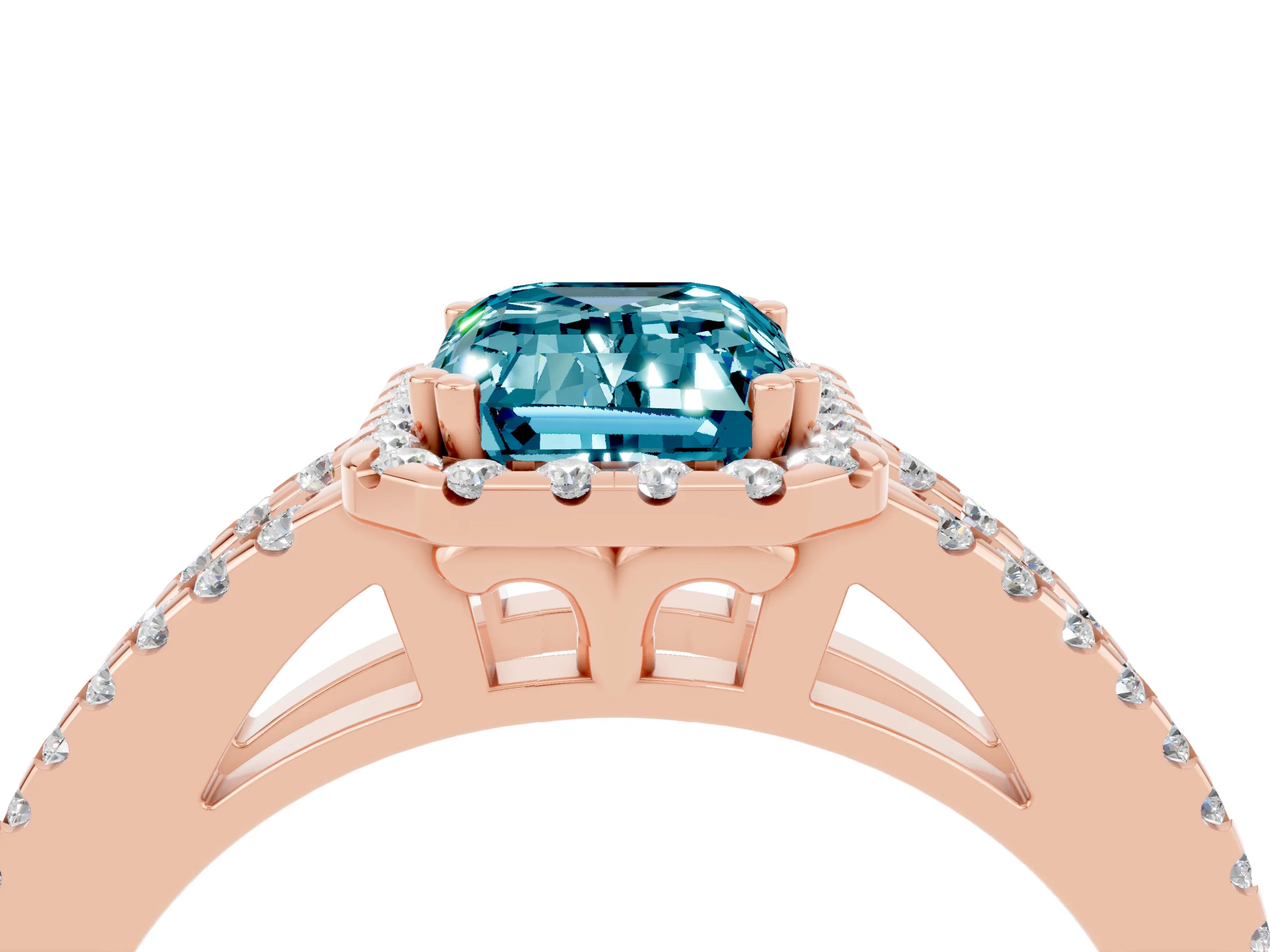 Rose gold Emerald Cut Blue Topaz Halo Split Shank Engagement Ring_16