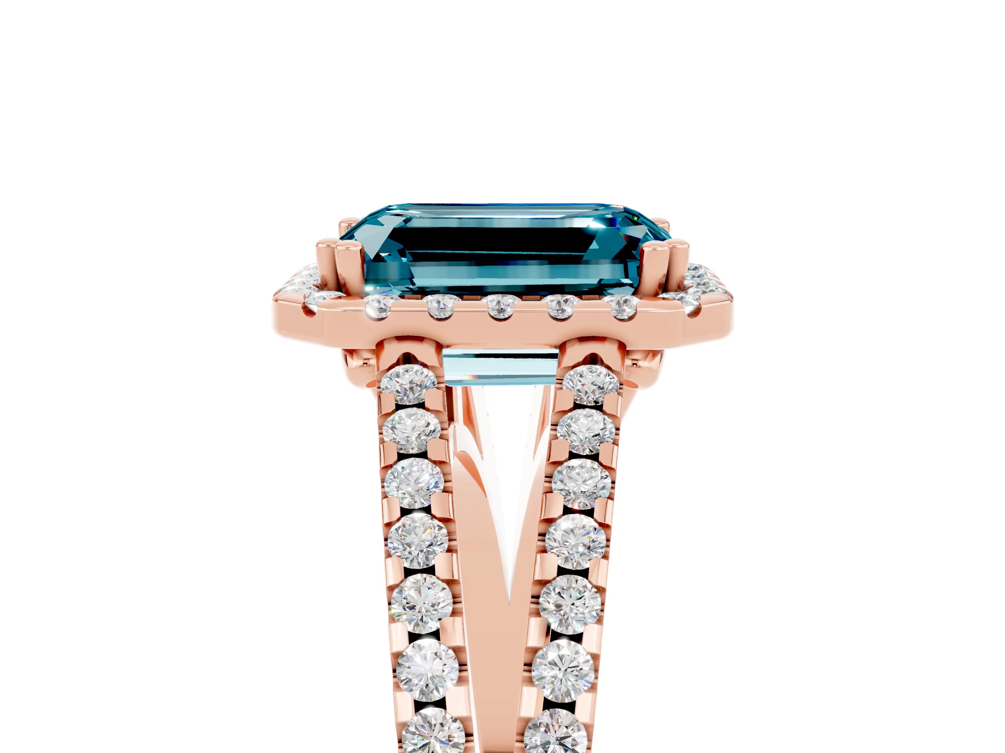 Rose gold Emerald Cut Blue Topaz Halo Split Shank Engagement Ring_17