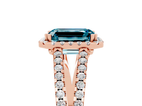 Rose gold Emerald Cut Blue Topaz Halo Split Shank Engagement Ring_17