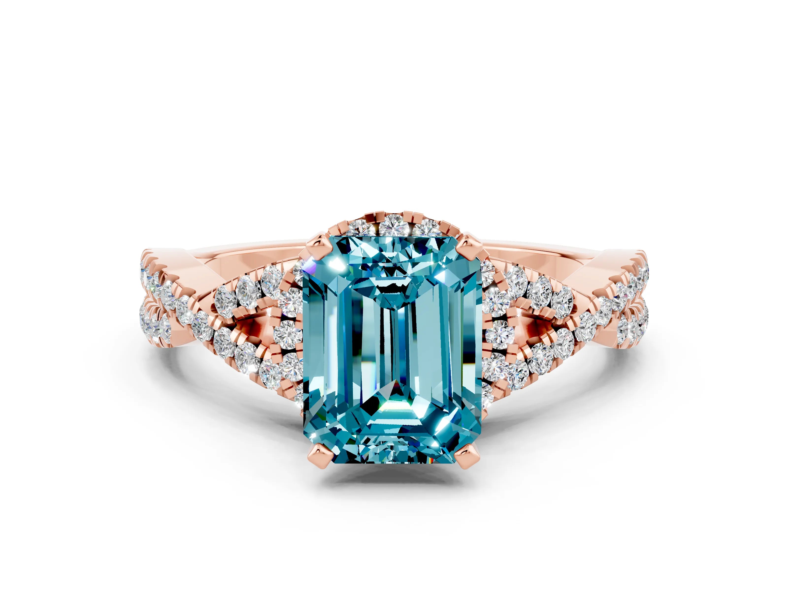 Rose gold Emerald Cut Blue Topaz Halo Twist Band Solitaire Prong Setting Ring