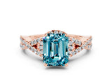 Rose gold Emerald Cut Blue Topaz Halo Twist Band Solitaire Prong Setting Ring