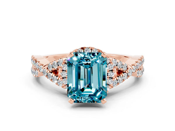 Rose gold Emerald Cut Blue Topaz  Halo Twist Band Solitaire Prong Setting Ring