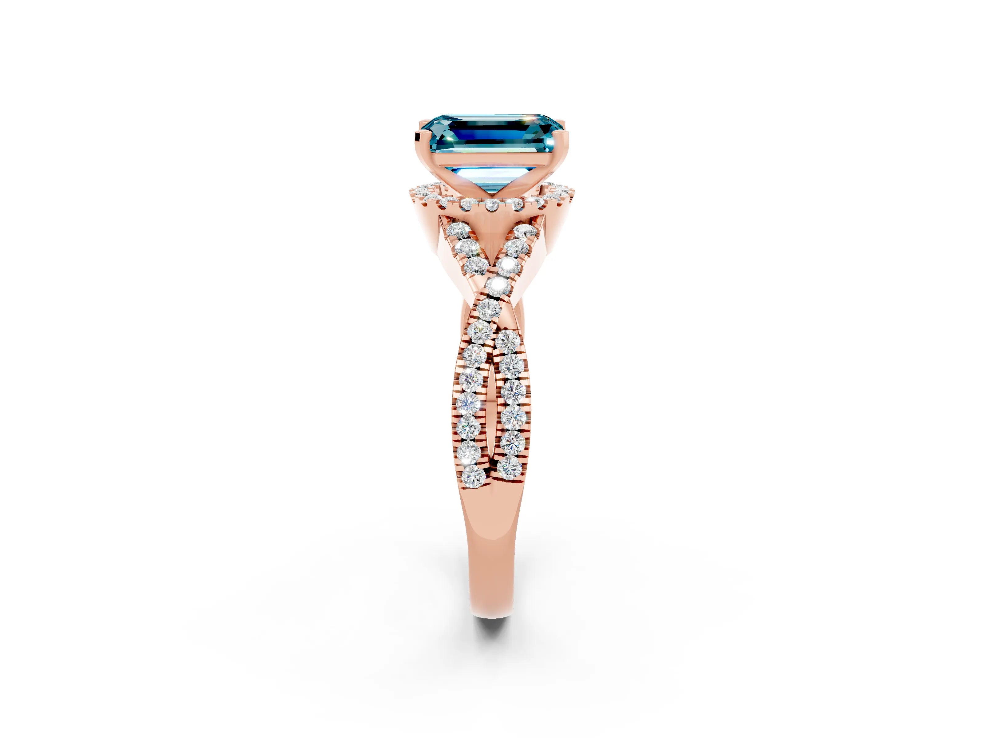 Rose gold Emerald Cut Blue Topaz Halo Twist Band Solitaire Prong Setting Ring_2