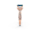 Rose gold Emerald Cut Blue Topaz Halo Twist Band Solitaire Prong Setting Ring_2