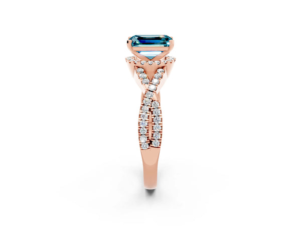 Rose gold Emerald Cut Blue Topaz  Halo Twist Band Solitaire Prong Setting Ring
