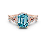 Rose gold Emerald Cut Blue Topaz  Halo Twist Band Solitaire Prong Setting Ring_24