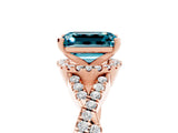 Rose gold Emerald Cut Blue Topaz  Halo Twist Band Solitaire Prong Setting Ring_29
