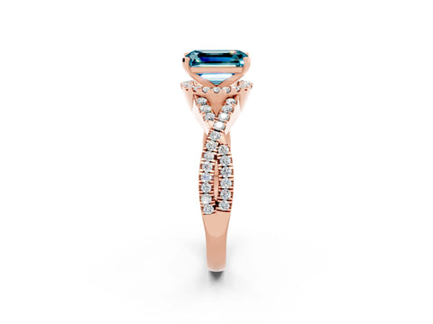 Rose gold Emerald Cut Blue Topaz Halo Twist Band Solitaire Prong Setting Ring_2