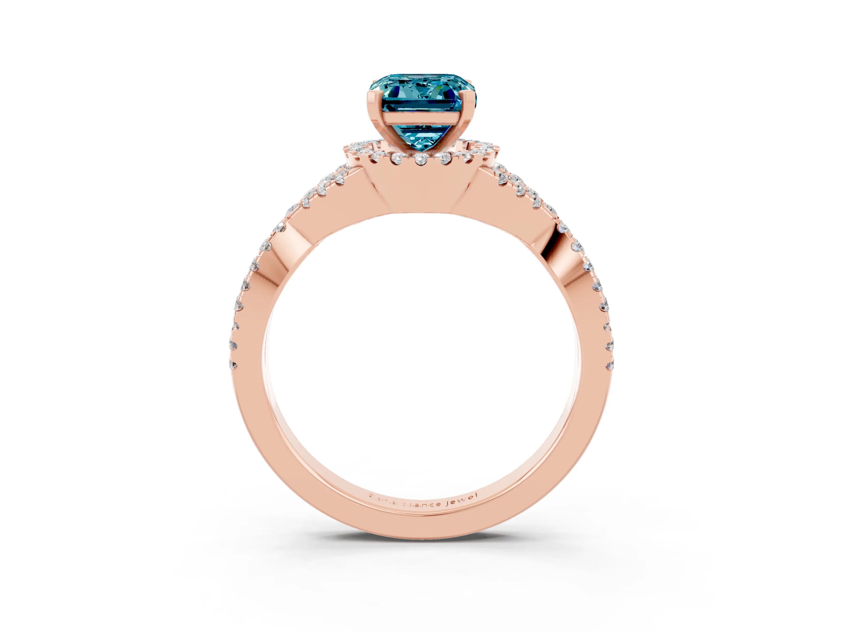 Rose gold Emerald Cut Blue Topaz Halo Twist Band Solitaire Prong Setting Ring_3