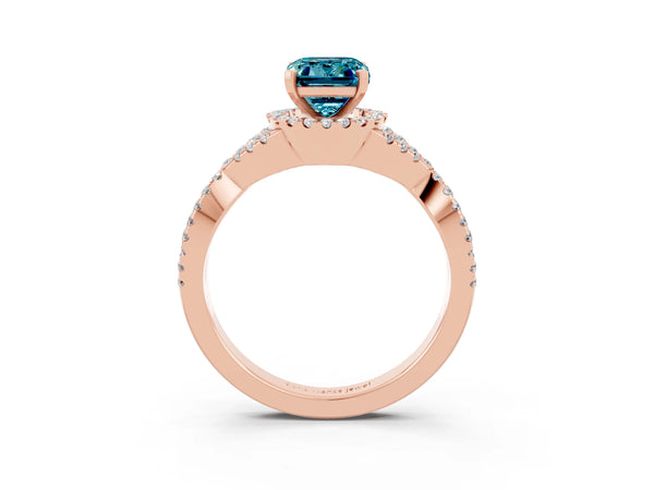 Rose gold Emerald Cut Blue Topaz  Halo Twist Band Solitaire Prong Setting Ring