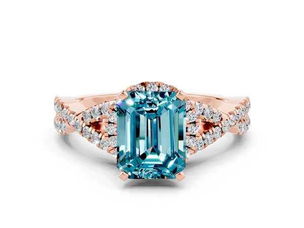 Rose gold Emerald Cut Blue Topaz  Halo Twist Band Solitaire Prong Setting Ring