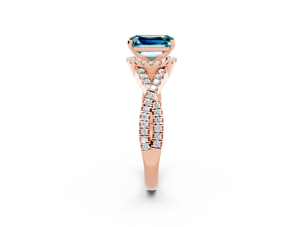 Rose gold Emerald Cut Blue Topaz  Halo Twist Band Solitaire Prong Setting Ring