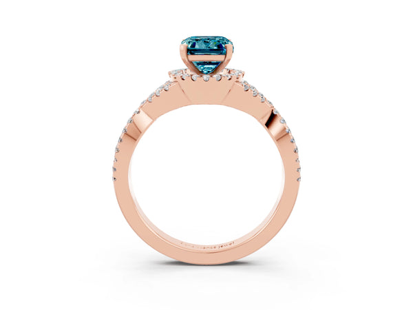 Rose gold Emerald Cut Blue Topaz  Halo Twist Band Solitaire Prong Setting Ring