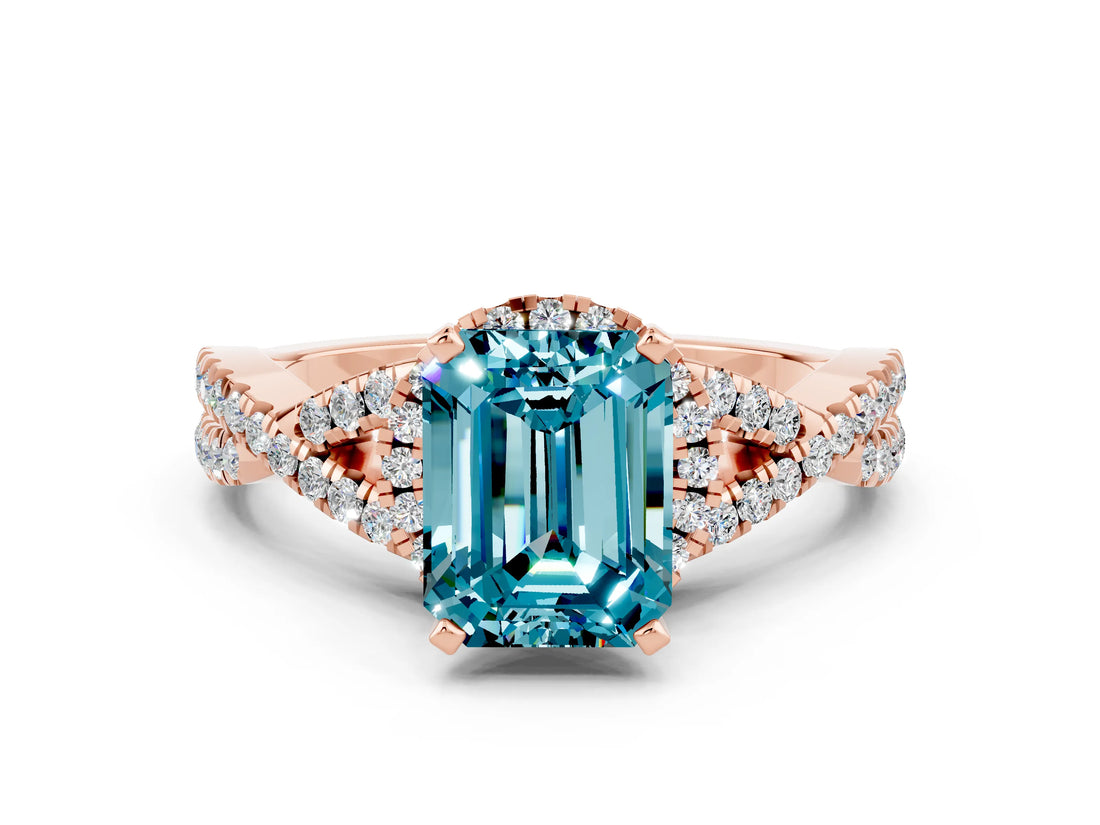 Rose gold Emerald Cut Blue Topaz  Halo Twist Band Solitaire Prong Setting Ring_42