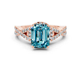 Rose gold Emerald Cut Blue Topaz  Halo Twist Band Solitaire Prong Setting Ring_42