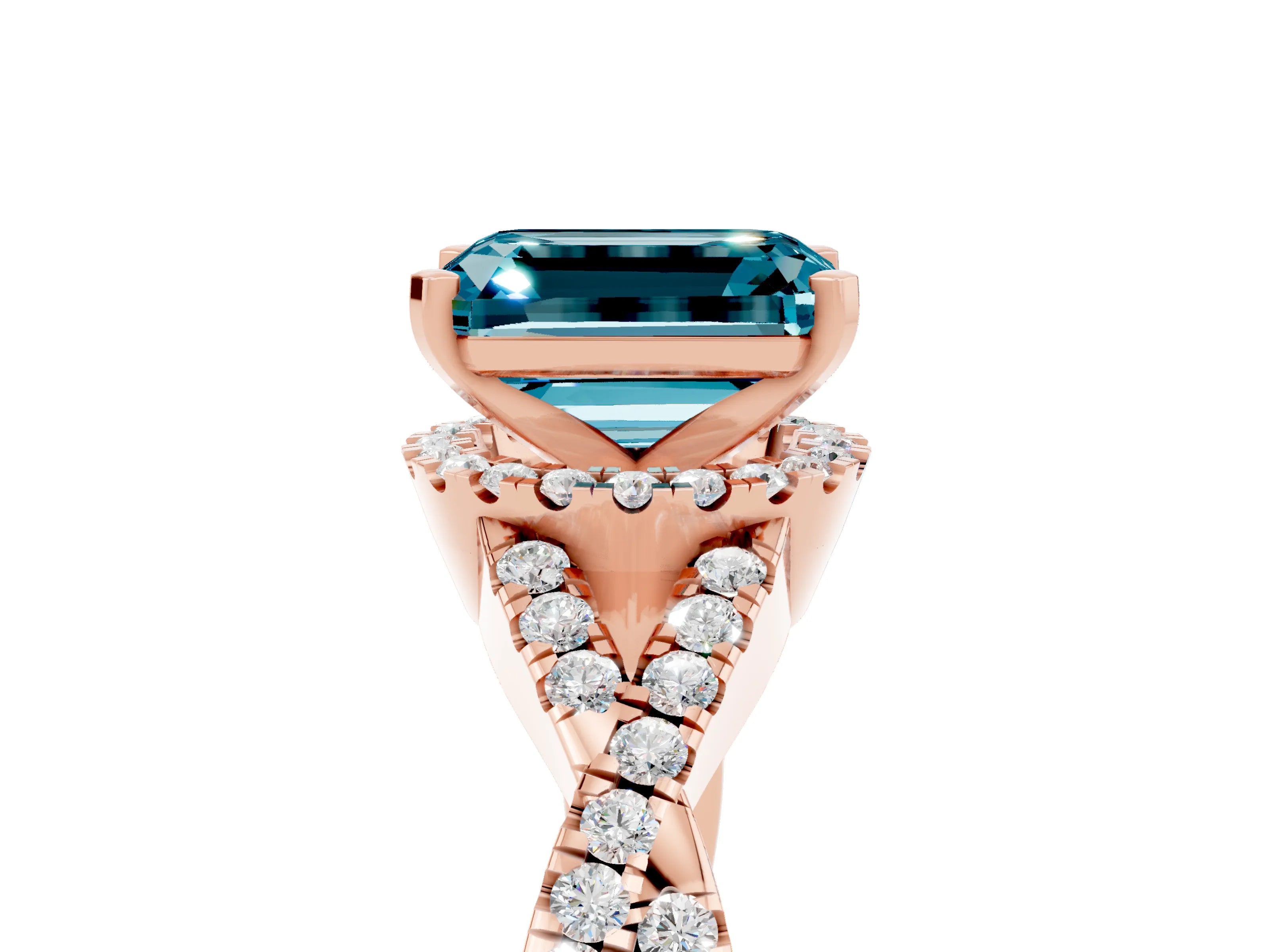 Rose gold Emerald Cut Blue Topaz Halo Twist Band Solitaire Prong Setting Ring_5