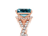Rose gold Emerald Cut Blue Topaz Halo Twist Band Solitaire Prong Setting Ring_5