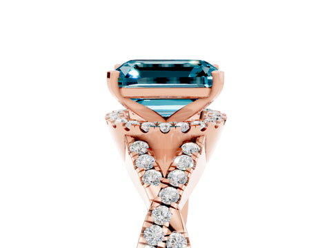 Rose gold Emerald Cut Blue Topaz Halo Twist Band Solitaire Prong Setting Ring_5