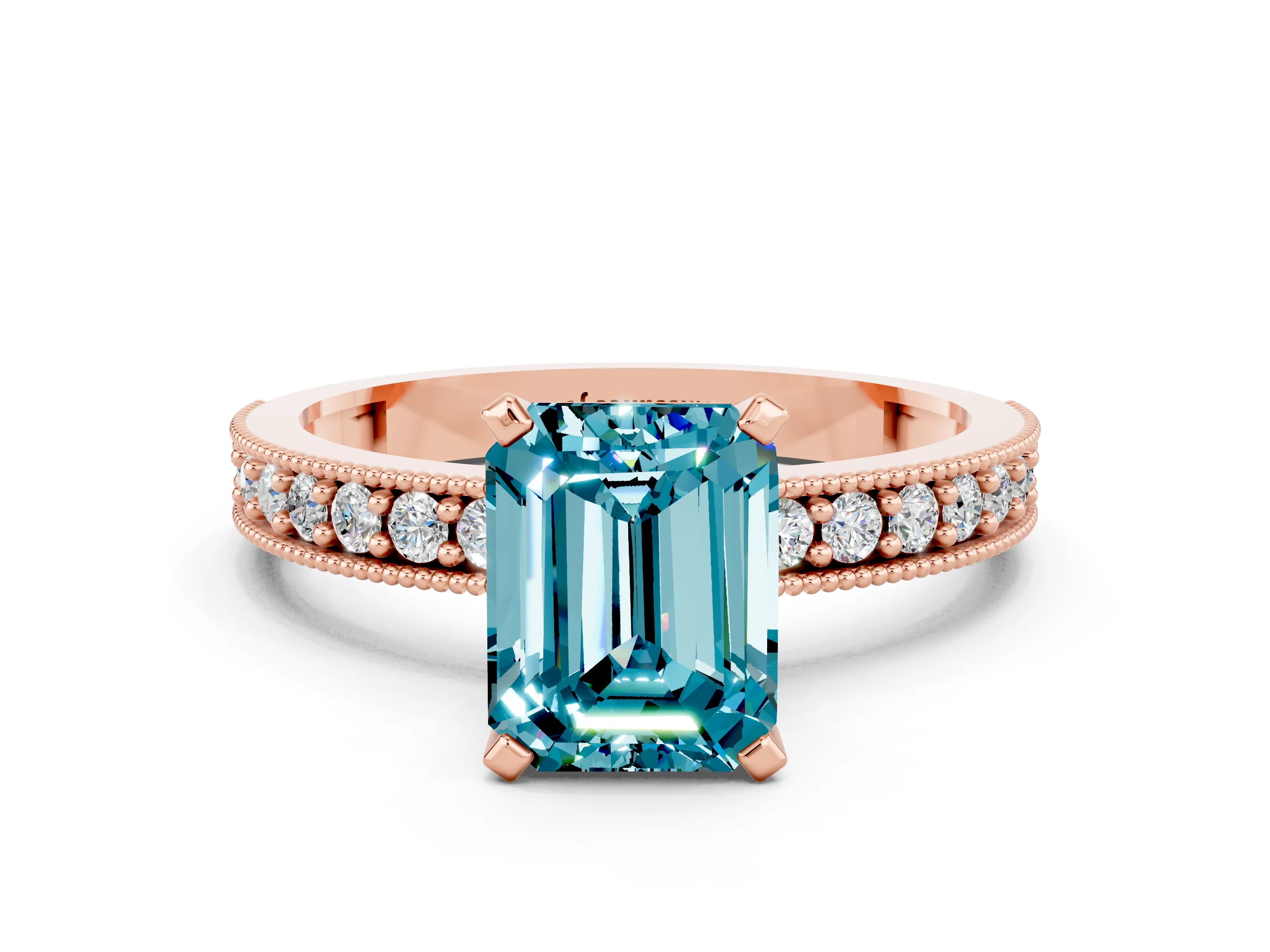 Rose gold Emerald Cut Blue Topaz Milgrain Pavé Engagement Ring with Four-Prong Setting_12