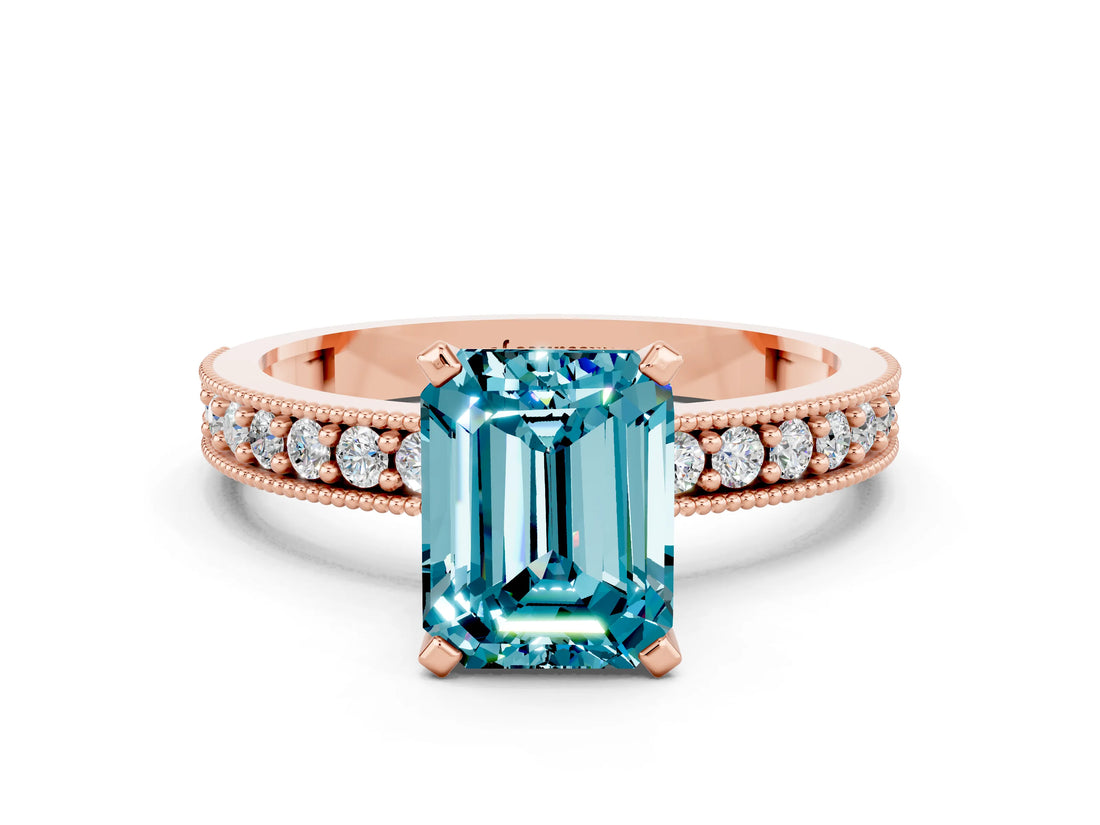 Rose gold Emerald Cut Blue Topaz Milgrain Pavé Engagement Ring with Four-Prong Setting_12