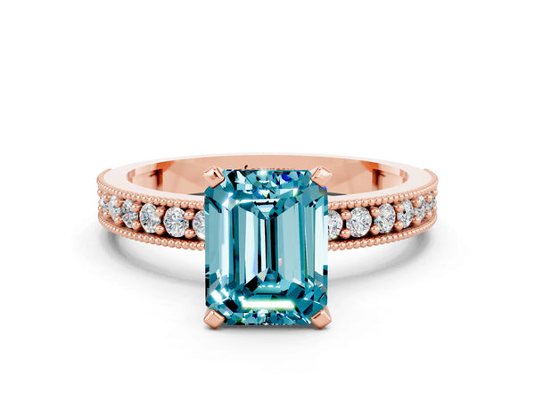Rose gold Emerald Cut Blue Topaz Milgrain Pavé Engagement Ring with Four-Prong Setting