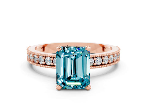 Rose gold Emerald Cut Blue Topaz Milgrain Pavé Engagement Ring with Four-Prong Setting_12