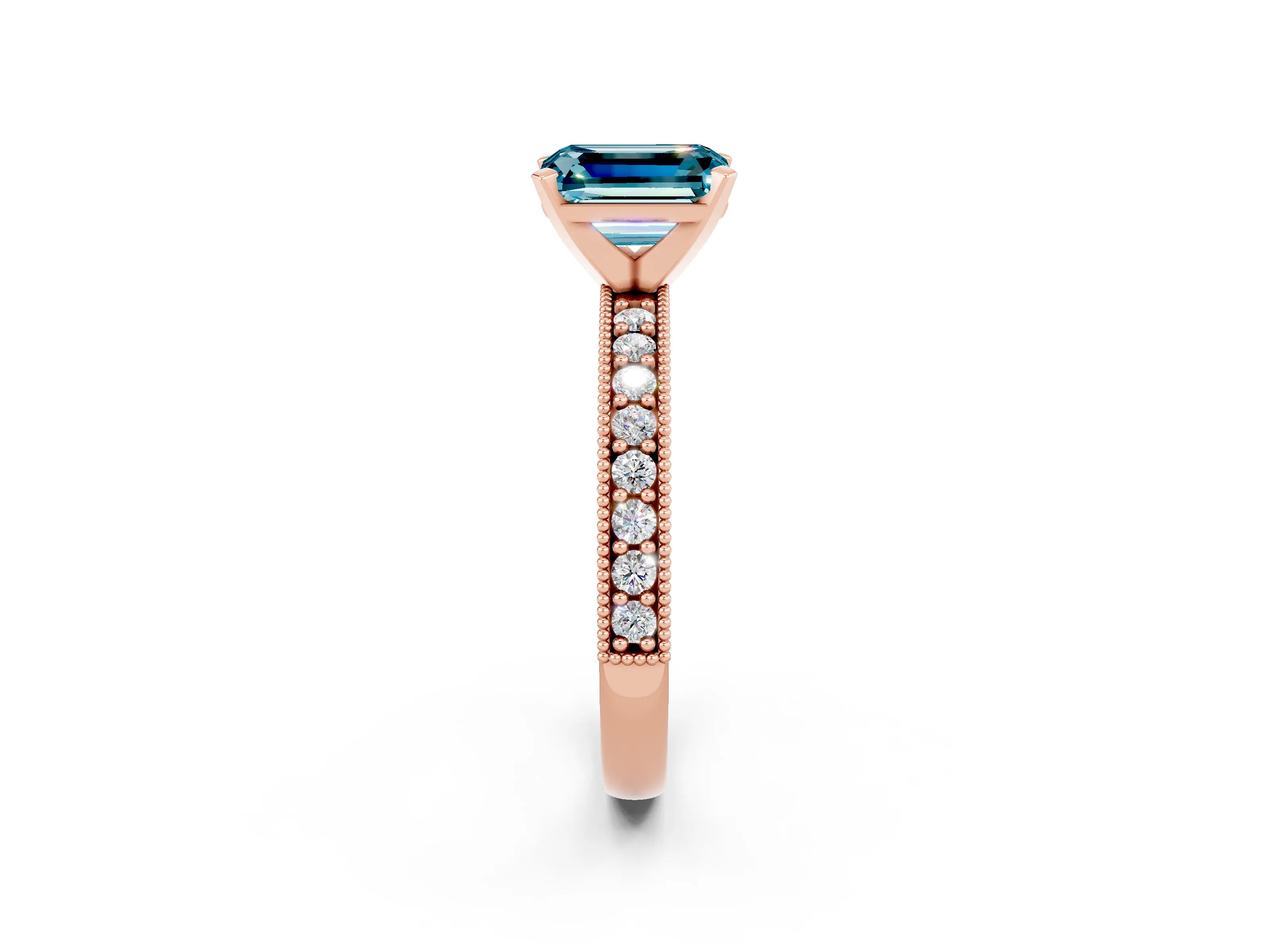 Rose gold Emerald Cut Blue Topaz Milgrain Pavé Engagement Ring with Four-Prong Setting_14