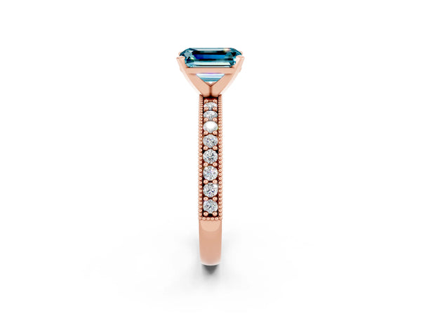 Rose gold Emerald Cut Blue Topaz Milgrain Pavé Engagement Ring with Four-Prong Setting