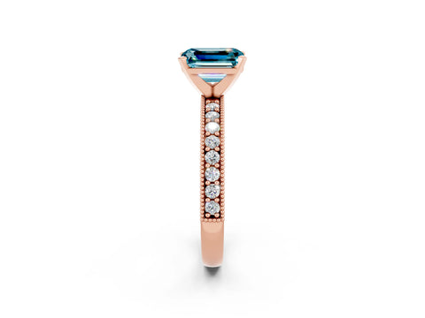 Rose gold Emerald Cut Blue Topaz Milgrain Pavé Engagement Ring with Four-Prong Setting_14