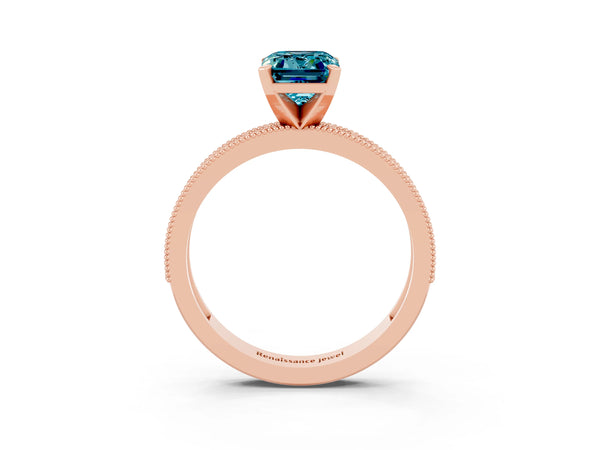 Rose gold Emerald Cut Blue Topaz Milgrain Pavé Engagement Ring with Four-Prong Setting