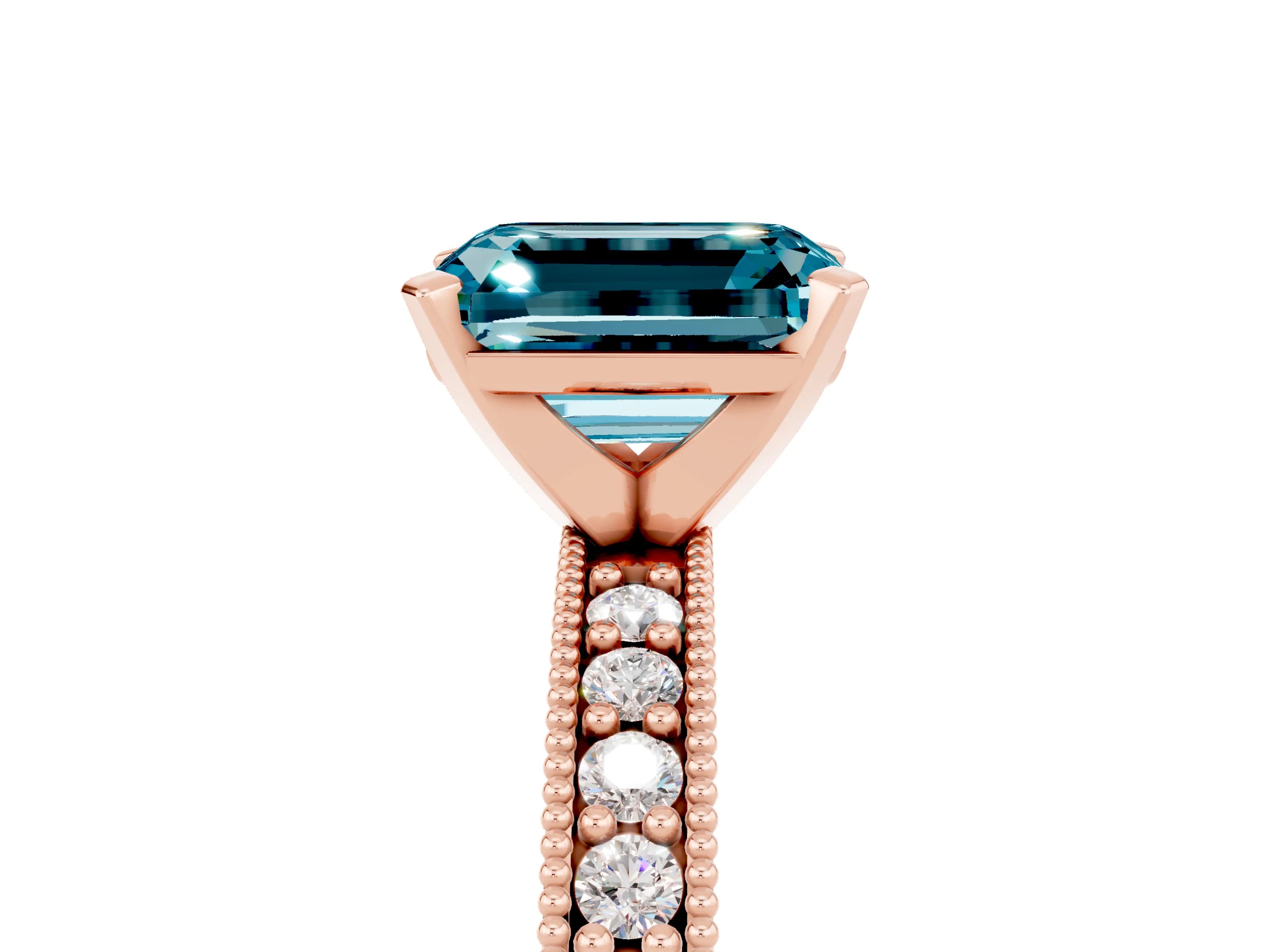 Rose gold Emerald Cut Blue Topaz Milgrain Pavé Engagement Ring with Four-Prong Setting_17