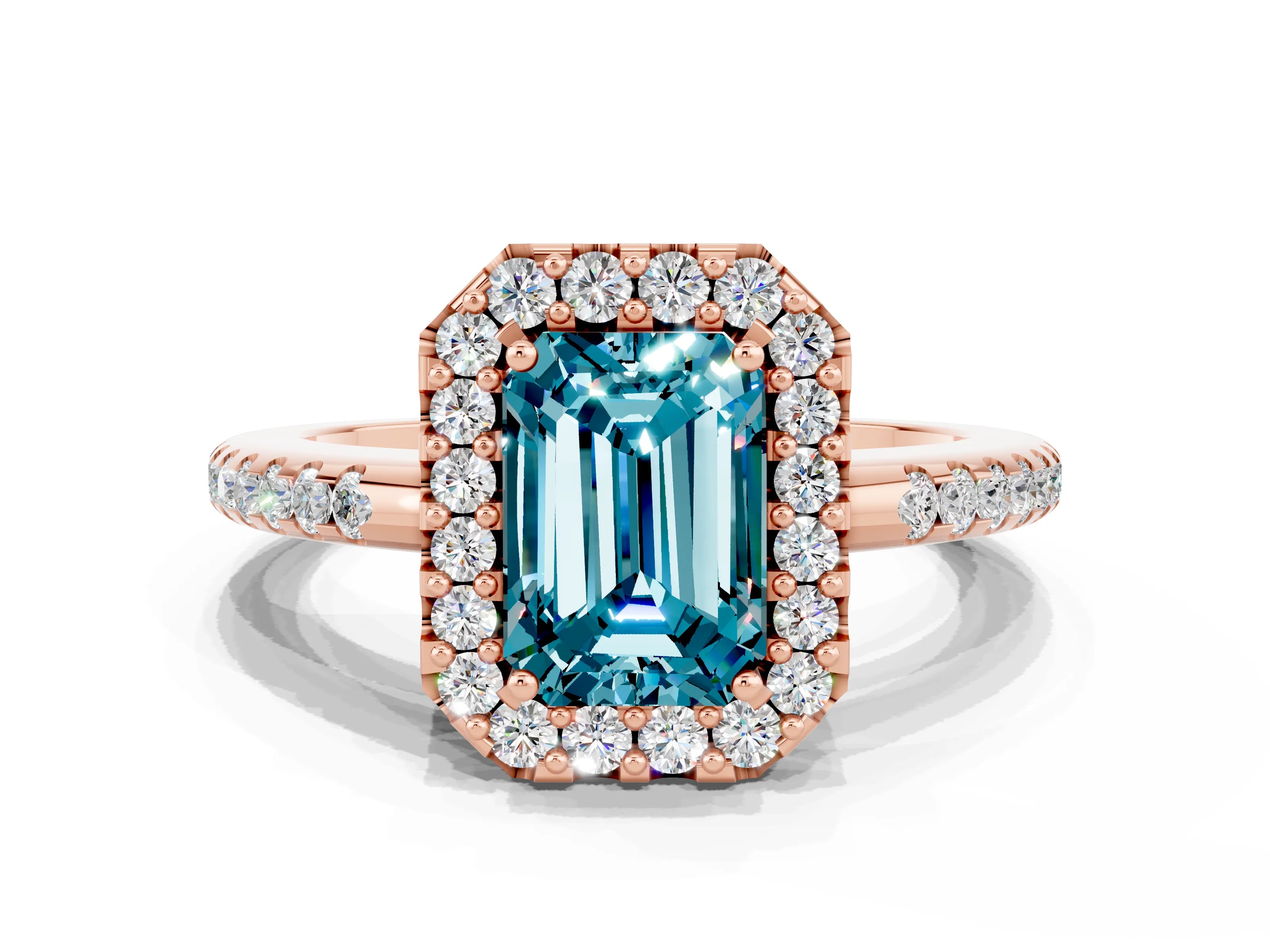 Rose gold Emerald Cut Blue Topaz Pavé Halo Ring with Four-Prong Setting_12