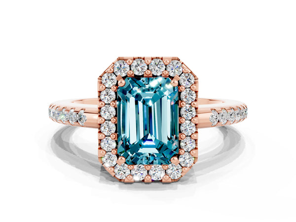 Rose gold Emerald Cut Blue Topaz Pavé Halo Ring with Four-Prong Setting