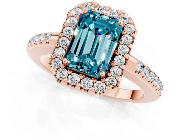 Rose gold Emerald Cut Blue Topaz Pavé Halo Ring with Four-Prong Setting