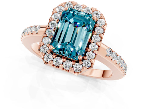 Rose gold Emerald Cut Blue Topaz Pavé Halo Ring with Four-Prong Setting_13
