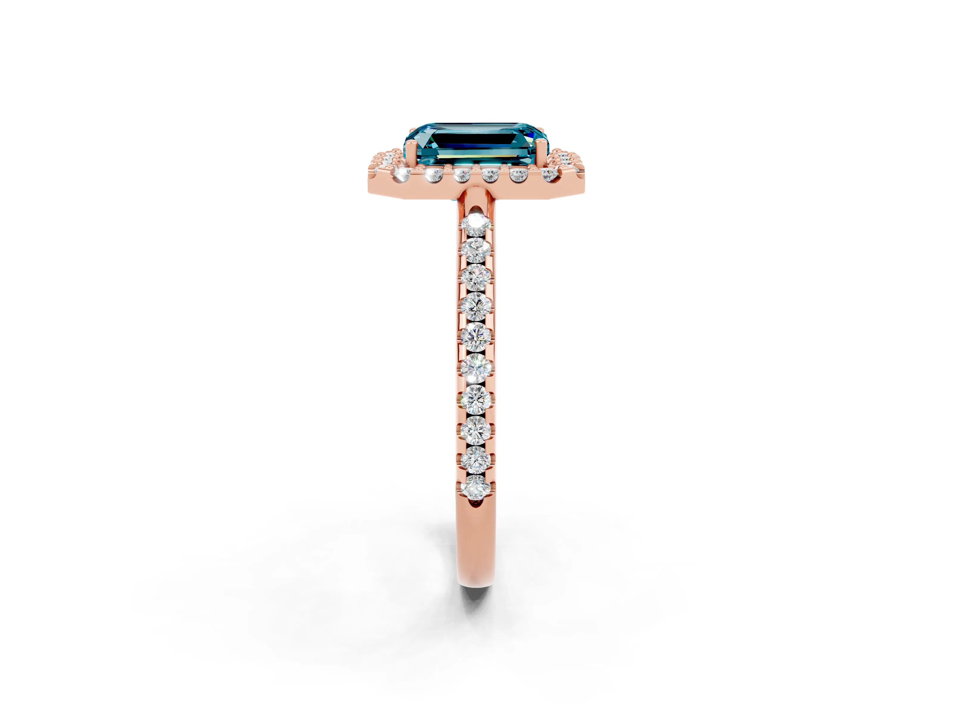 Rose gold Emerald Cut Blue Topaz Pavé Halo Ring with Four-Prong Setting_14