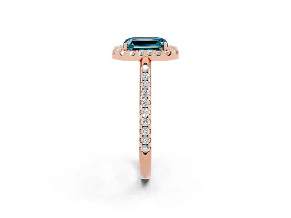 Rose gold Emerald Cut Blue Topaz Pavé Halo Ring with Four-Prong Setting