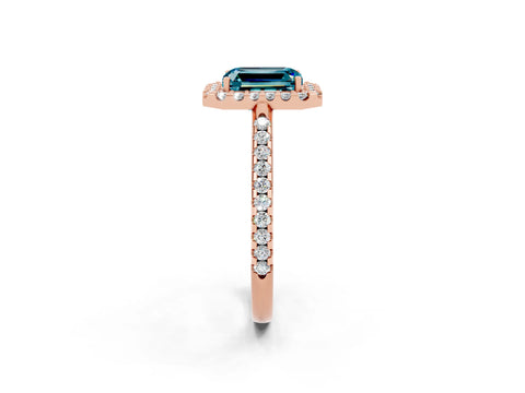 Rose gold Emerald Cut Blue Topaz Pavé Halo Ring with Four-Prong Setting_14
