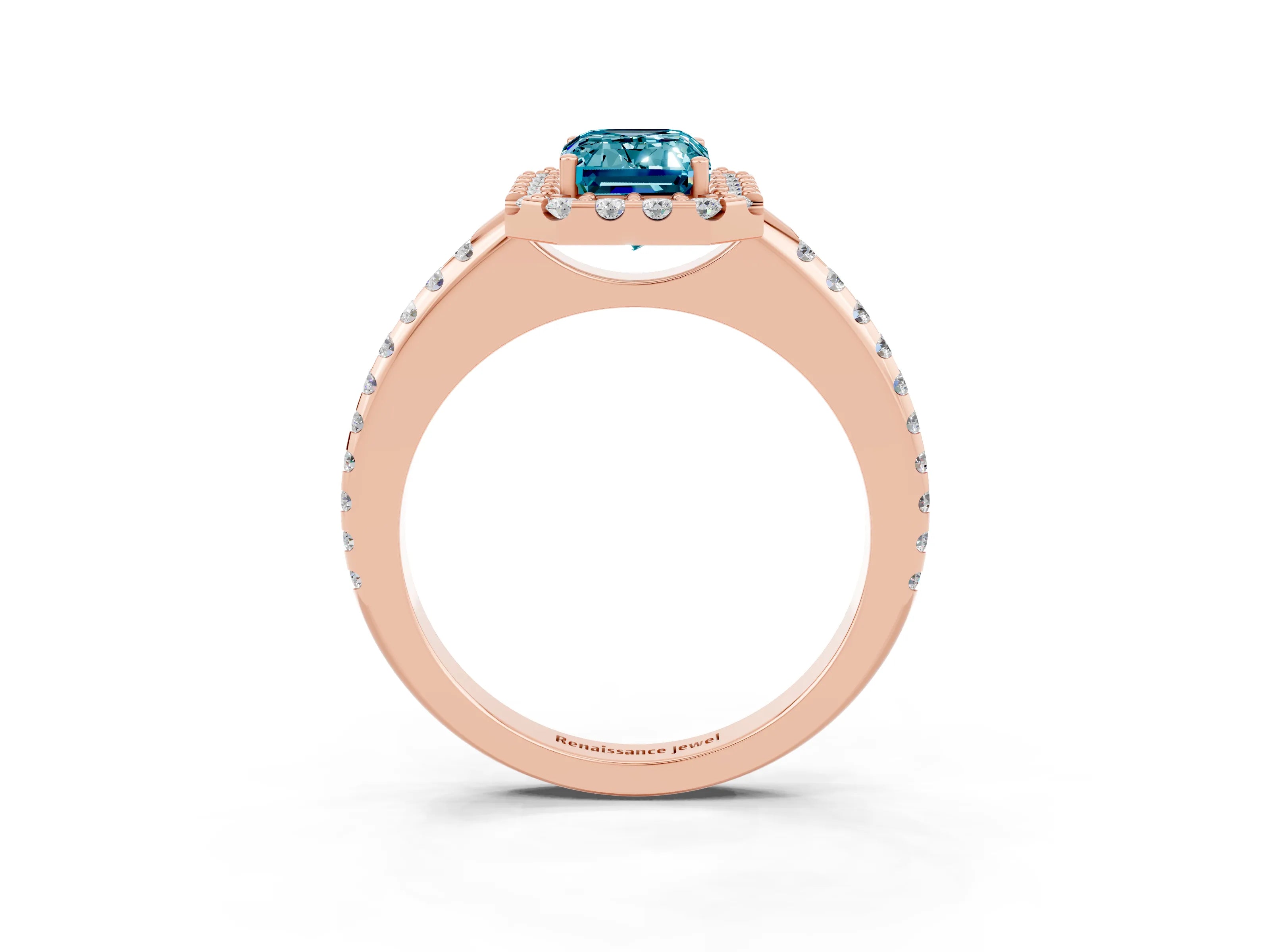 Rose gold Emerald Cut Blue Topaz Pavé Halo Ring with Four-Prong Setting_15