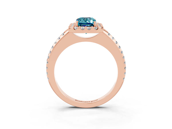 Rose gold Emerald Cut Blue Topaz Pavé Halo Ring with Four-Prong Setting