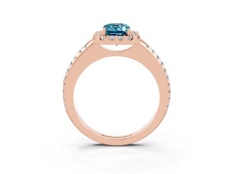 Rose gold Emerald Cut Blue Topaz Pavé Halo Ring with Four-Prong Setting_15