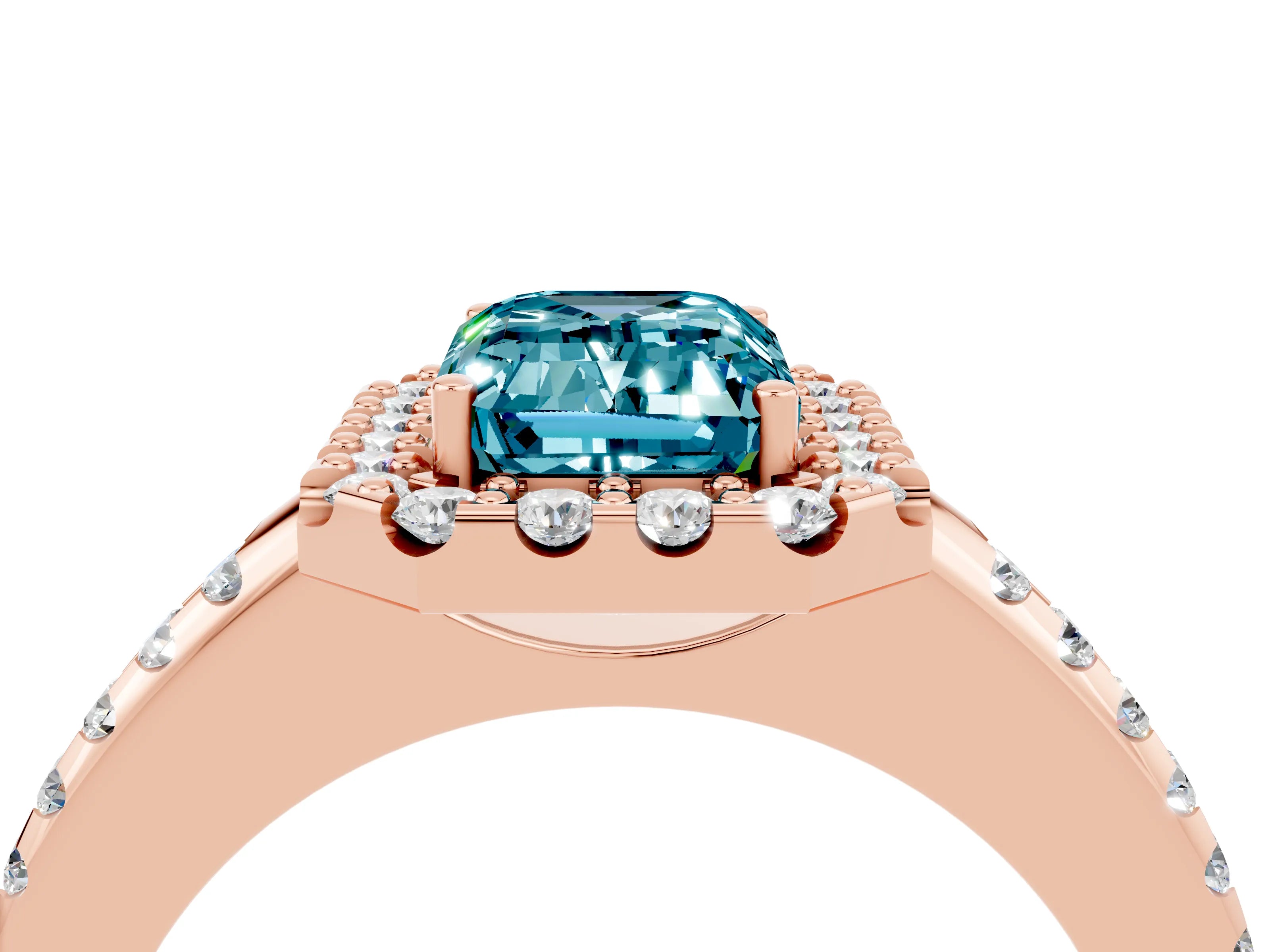 Rose gold Emerald Cut Blue Topaz Pavé Halo Ring with Four-Prong Setting_16