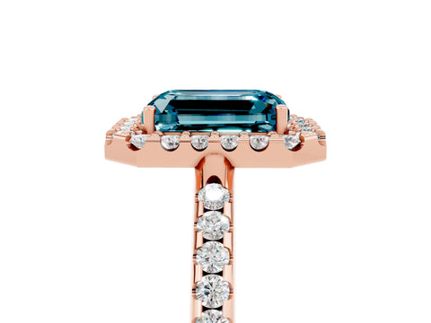 Rose gold Emerald Cut Blue Topaz Pavé Halo Ring with Four-Prong Setting_17