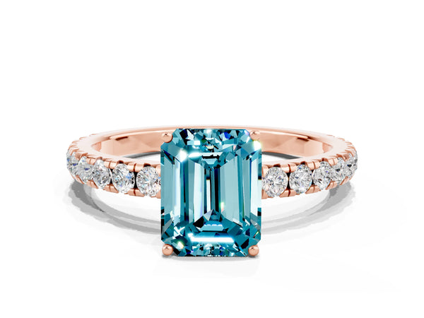 Rose gold Emerald Cut Blue Topaz Pavé Solitaire Engagement Ring with Four-Prong Setting