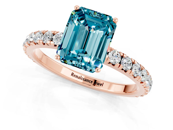 Rose gold Emerald Cut Blue Topaz Pavé Solitaire Engagement Ring with Four-Prong Setting